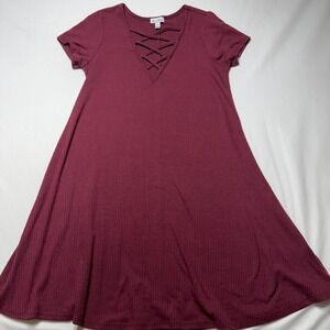 Love Fire Womens XS Burgundy Ribbed Lace Up V-Neck Short Sleeve Swing Dress